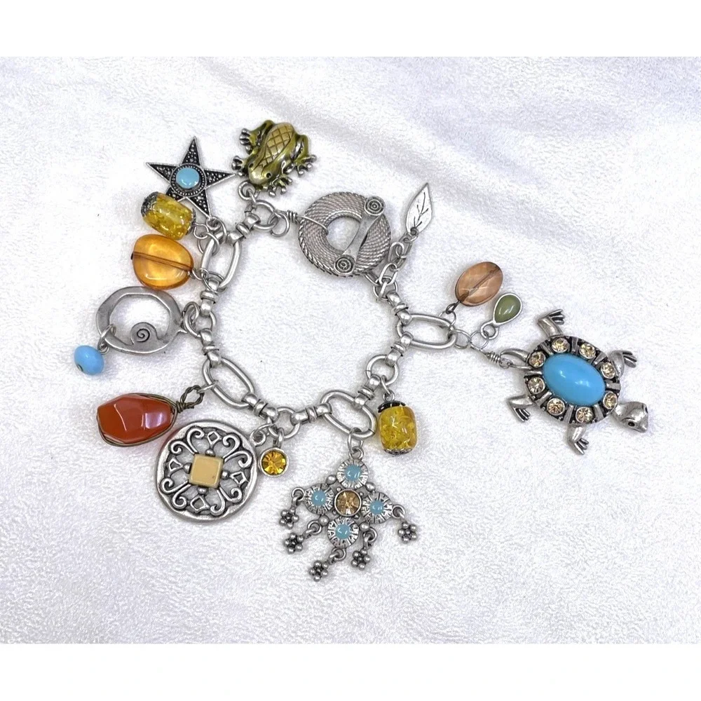 Vintage Charm Bracelet Mixed Media Turtle Frog Toggle